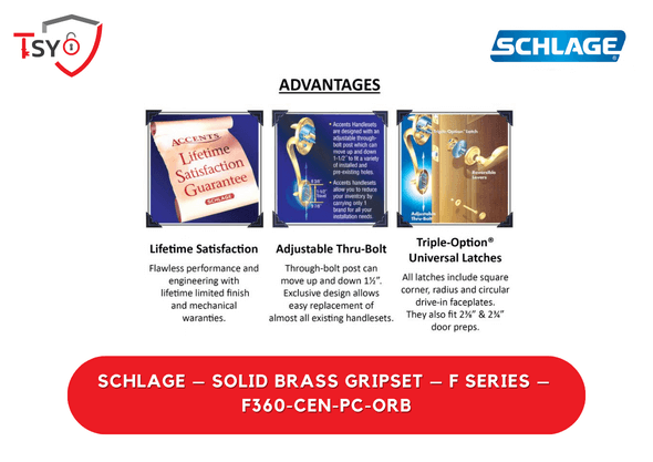 Schlage Solid Brass Gripset Schlage Solid Brass Gripset (F360-CEN-PC-ORB) - TSY Locksmith Selangor & Kuala Lumpur